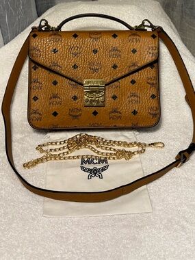 MCM Visetos Cognac/Tan Logo Satchel/Crossbody with Gold Hardware